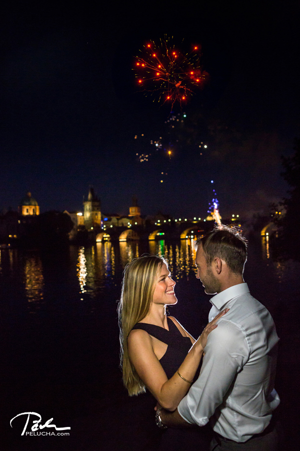 prague engagement photo with fireworks